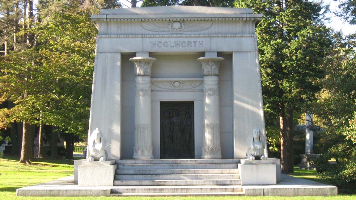 Photograph of the Woolworth Mausoleum at Woodlawn Cemetery, showcasing its ornate architecture